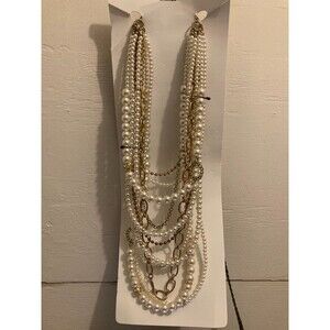 Chico's Multistrand Statement Necklace Faux Pearls & Gold Tone Mixed Chains $99